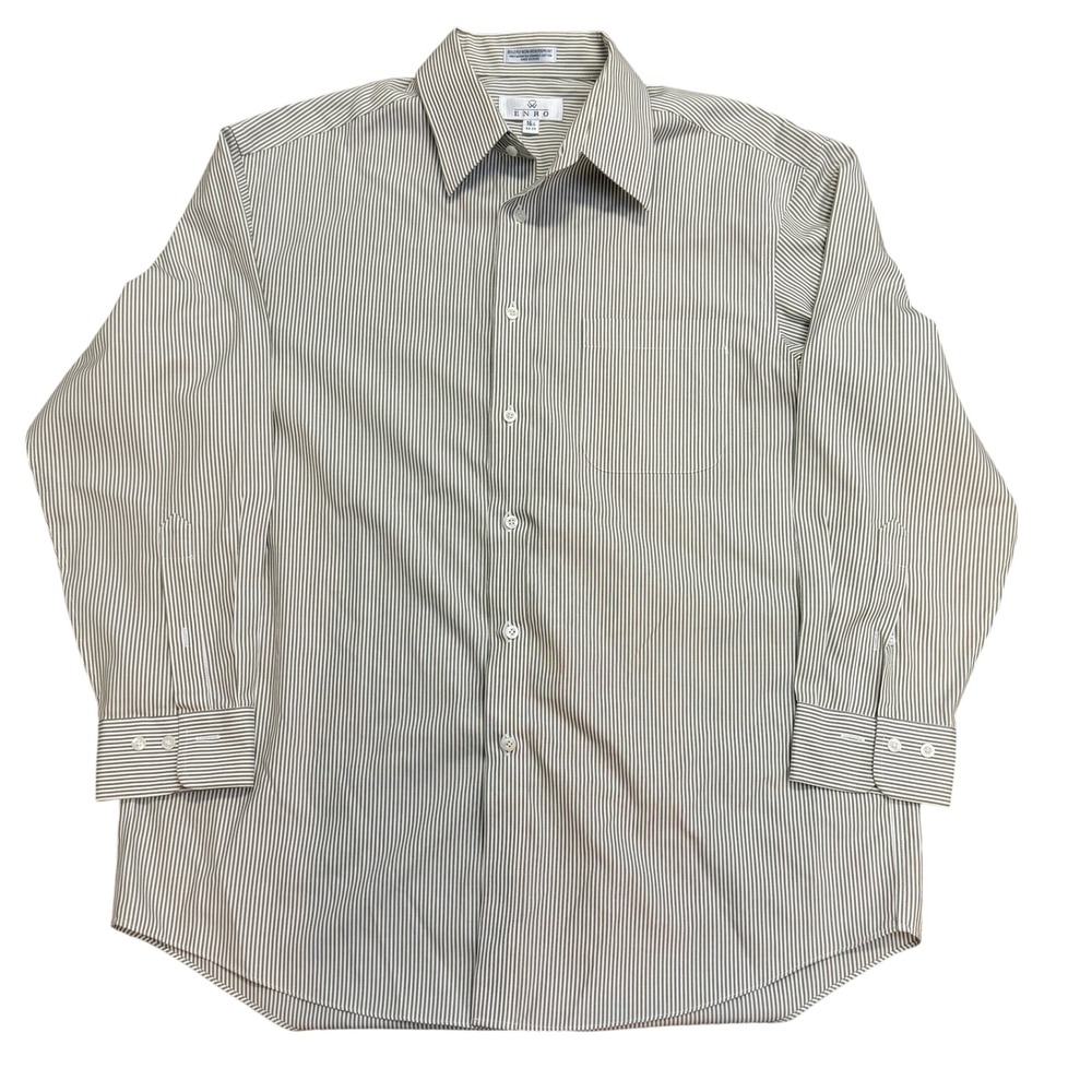 Enro Striped Button Front Shirt Non-Iron Pinpoint Cotton Long Sleeve 16.5 32-33